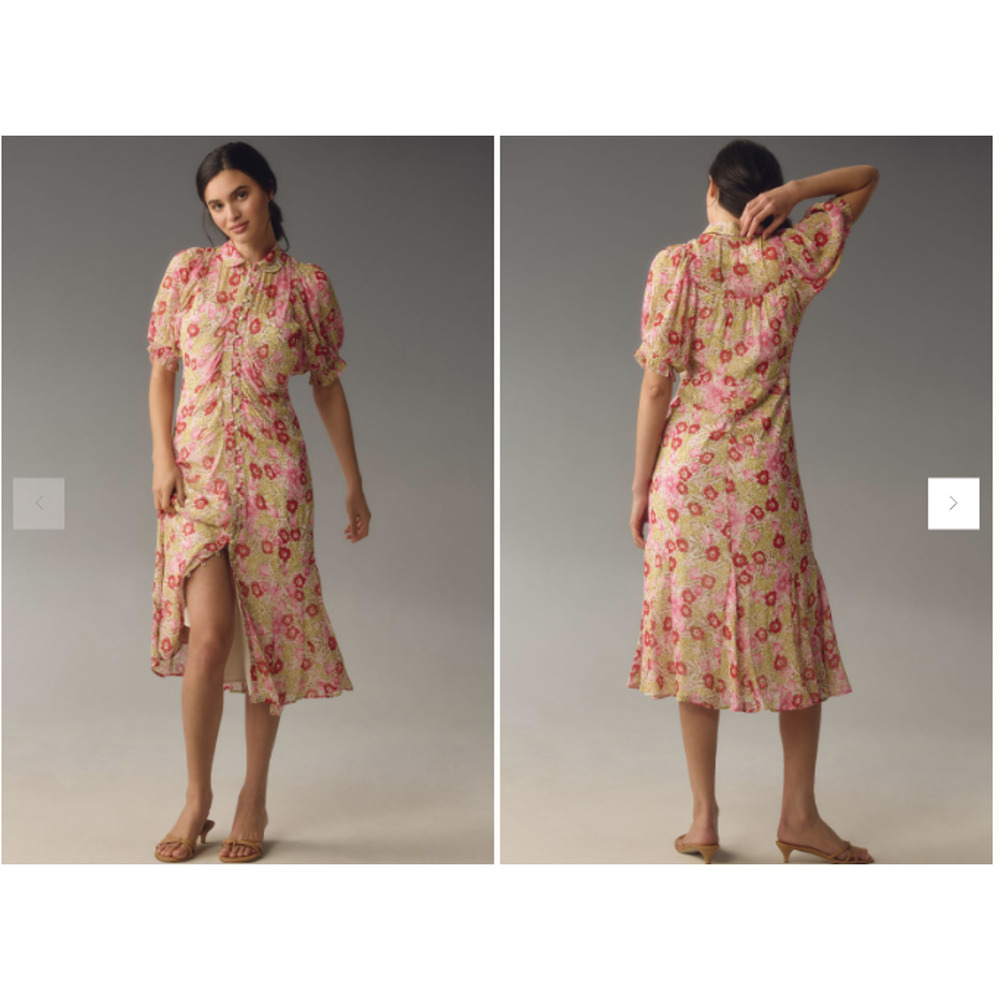 NWT By Anthropologie Puff-Sleeve Ruched Mesh Midi Shirt Dress sz 0P Pink #7H455